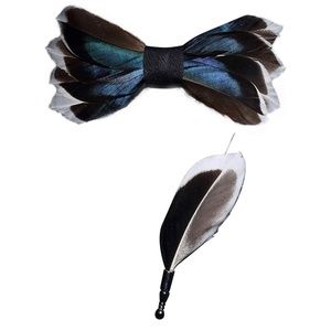 Mens Natural Feather Pre-Tied Bow tie & Lapel Pin